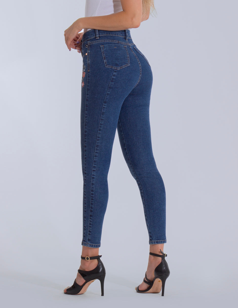 OHPOMP!® Cintura Media Skinny Jeans Bordado Flores D1715