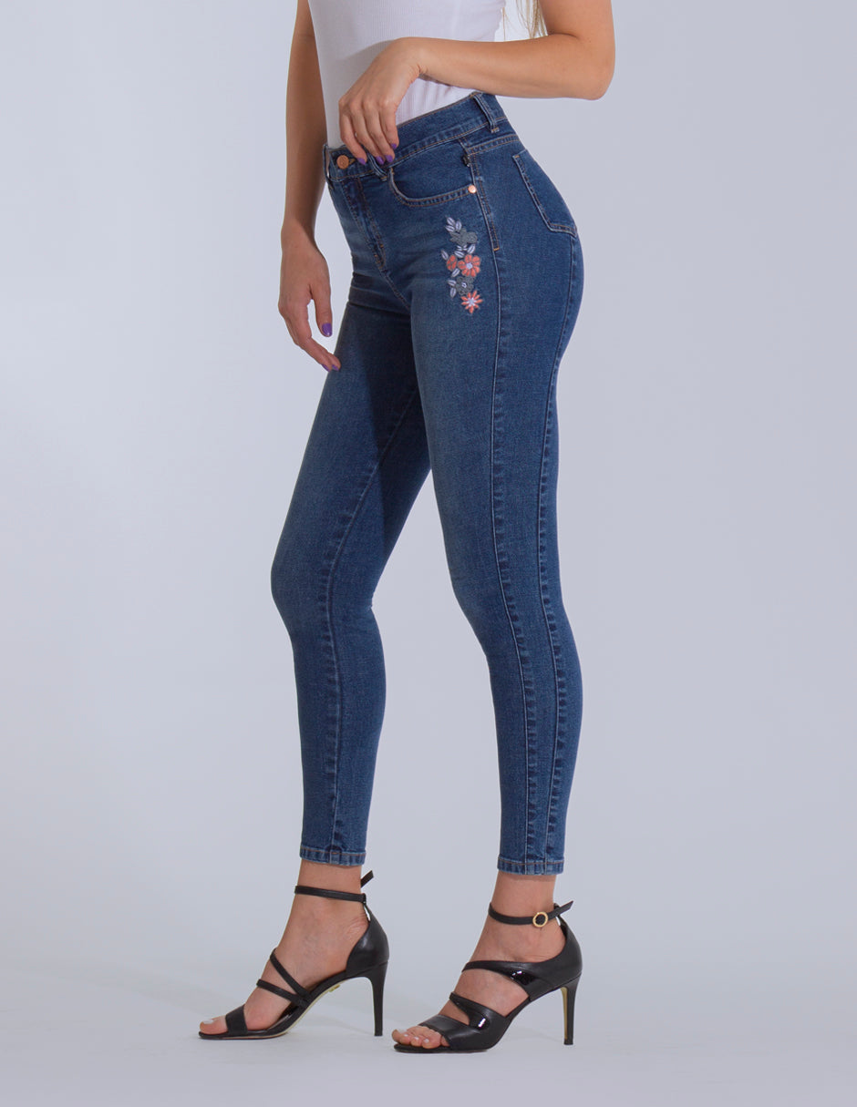 OHPOMP!® Cintura Media Skinny Jeans Bordado Flores D1715