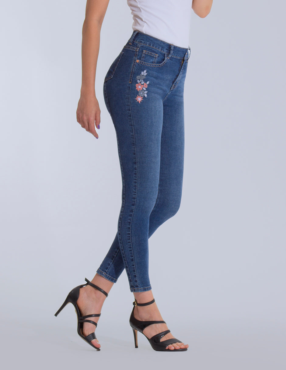 OHPOMP!® Cintura Media Skinny Jeans Bordado Flores D1715