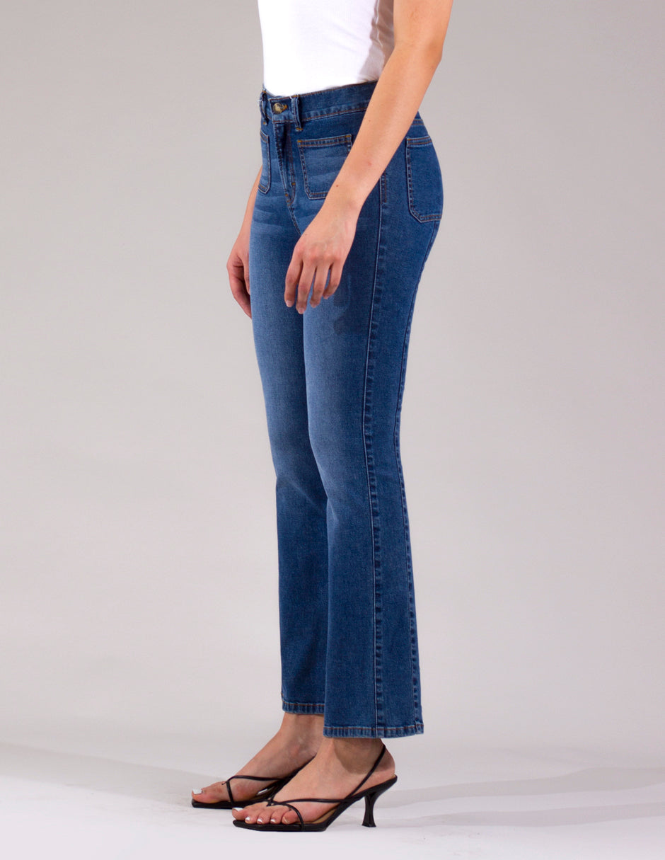 OHPOMP!® Cintura Alta Boot Cut Jeans Azul Medio OP1699
