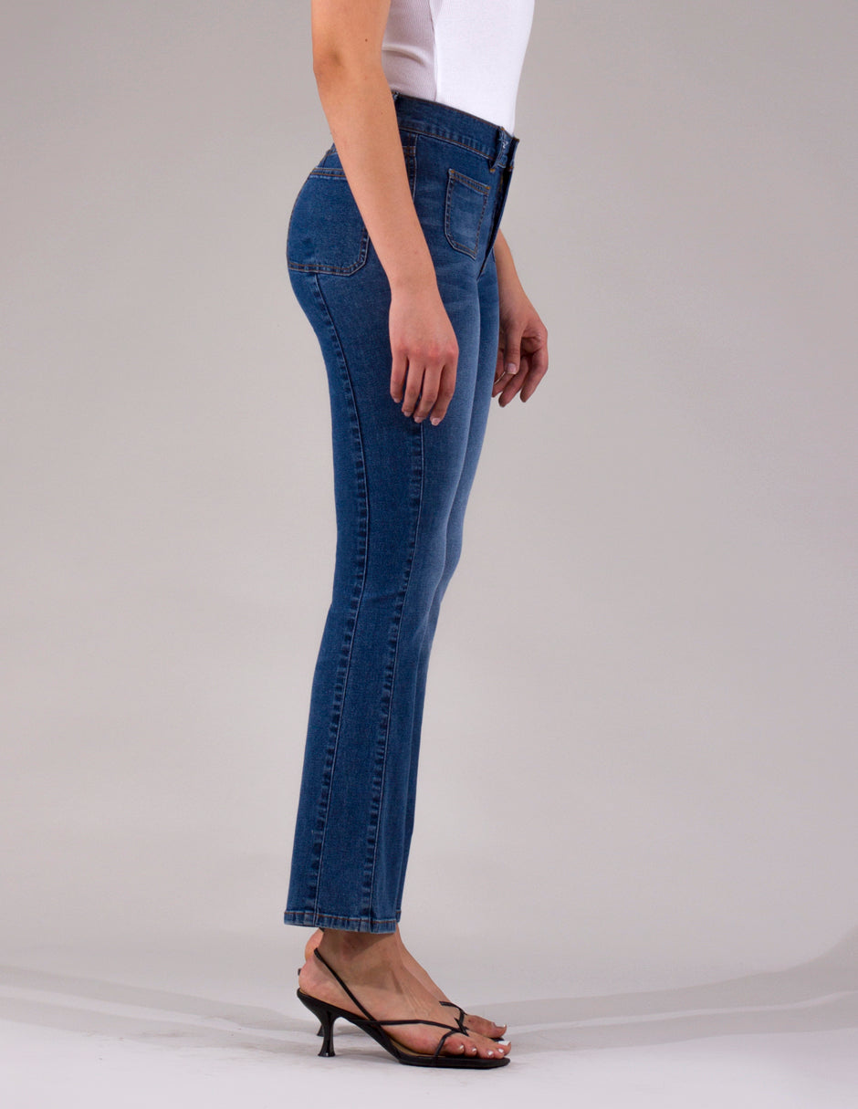 OHPOMP!® Cintura Alta Boot Cut Jeans Azul Medio OP1699