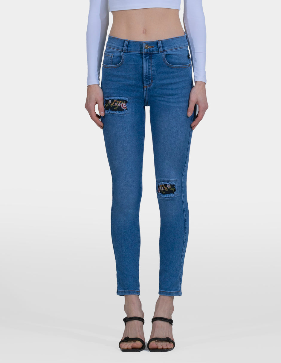 OHPOMP!® Cintura Alta Skinny Jeans Azul Bordado Flores OP1735