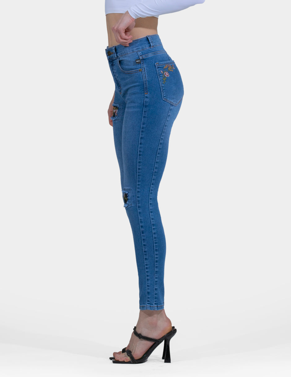 OHPOMP!® Cintura Alta Skinny Jeans Azul Bordado Flores OP1735