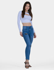 OHPOMP!® Cintura Alta Skinny Jeans Azul Bordado Flores OP1735