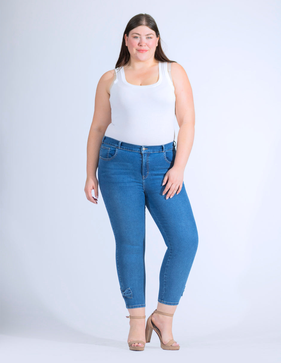 OHPOMP!® Curvy Cintura Alta Skinny con Moño Azul Medio OPE1750