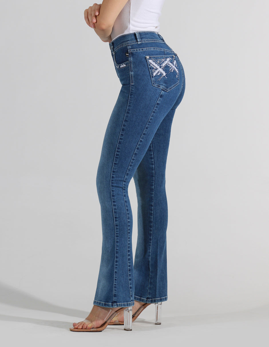 OHPOMP!® Cintura Alta Skinny Jeans Bolsa Bordada OP1771