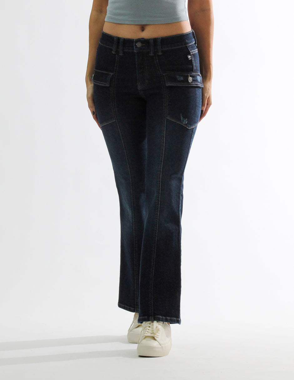 Jeans Flare Cintura Alta Cargo