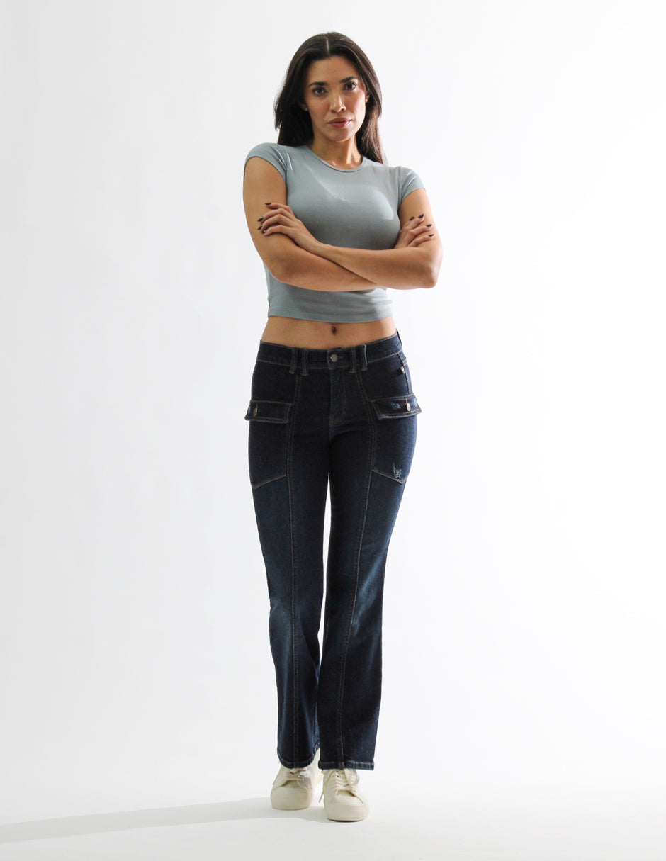Jeans Flare Cintura Alta Cargo