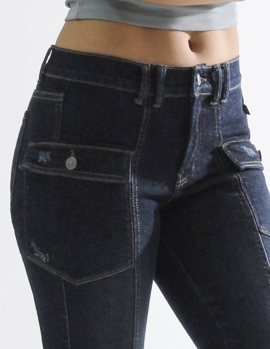 Jeans Flare Cintura Alta Cargo