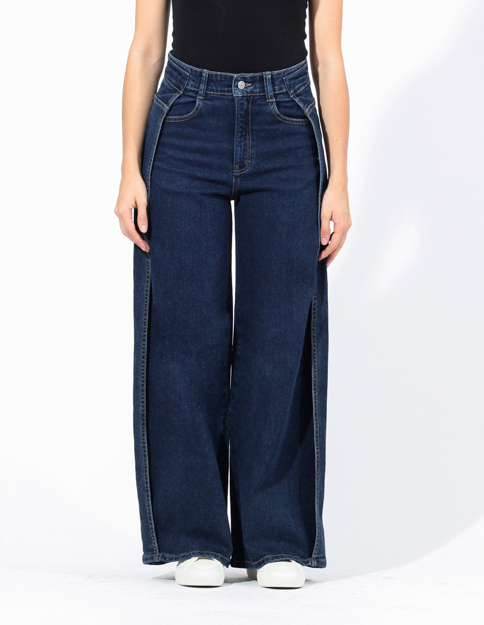 Jeans Cintura Media Palazzo en Azul Oscuro