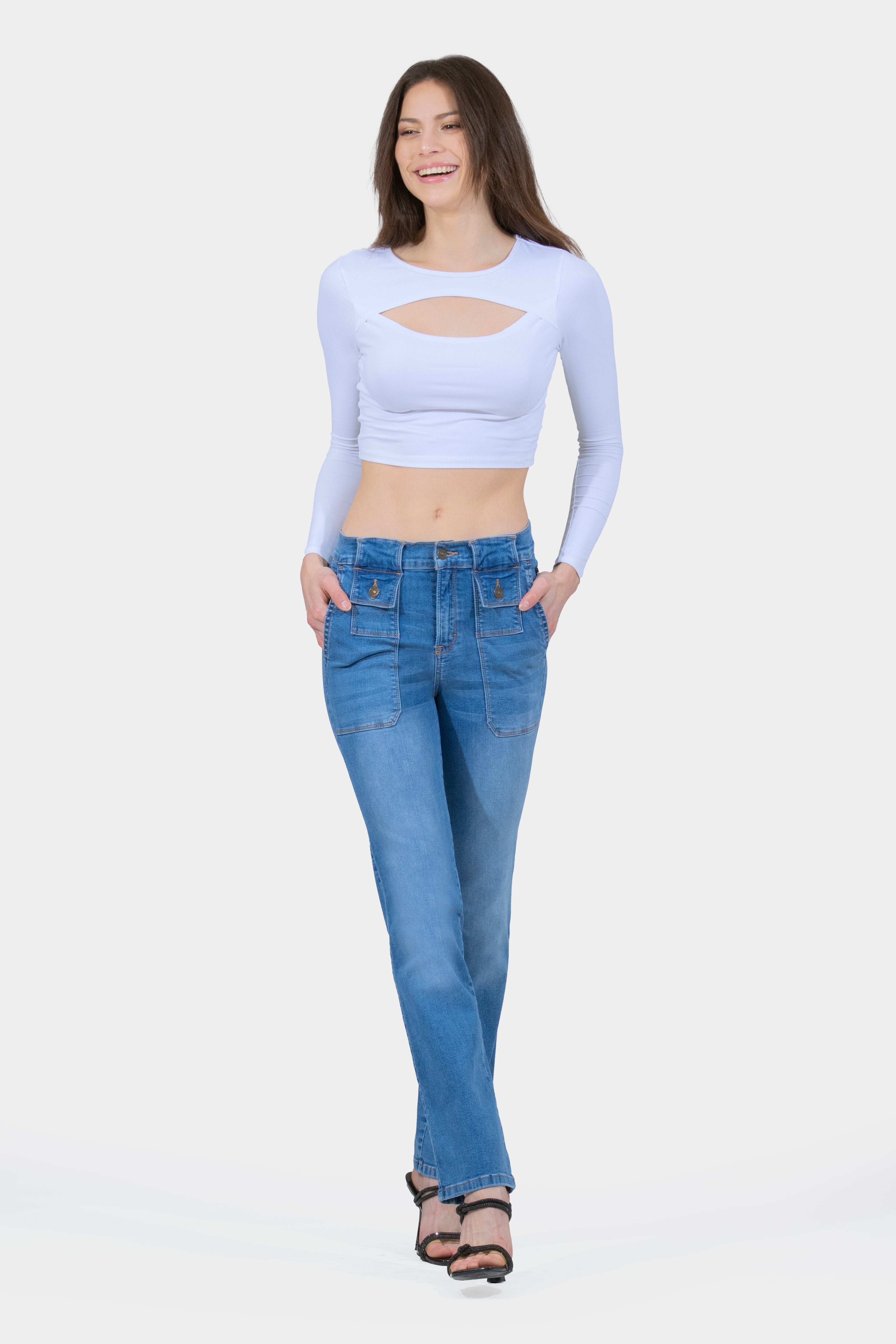 OHPOMP!® Cintura Media Jeans Rectos Azul Claro D1740