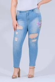 OHPOMP!® Curvy Cintura Alta Skinny Jeans Flores Azul Claro T100