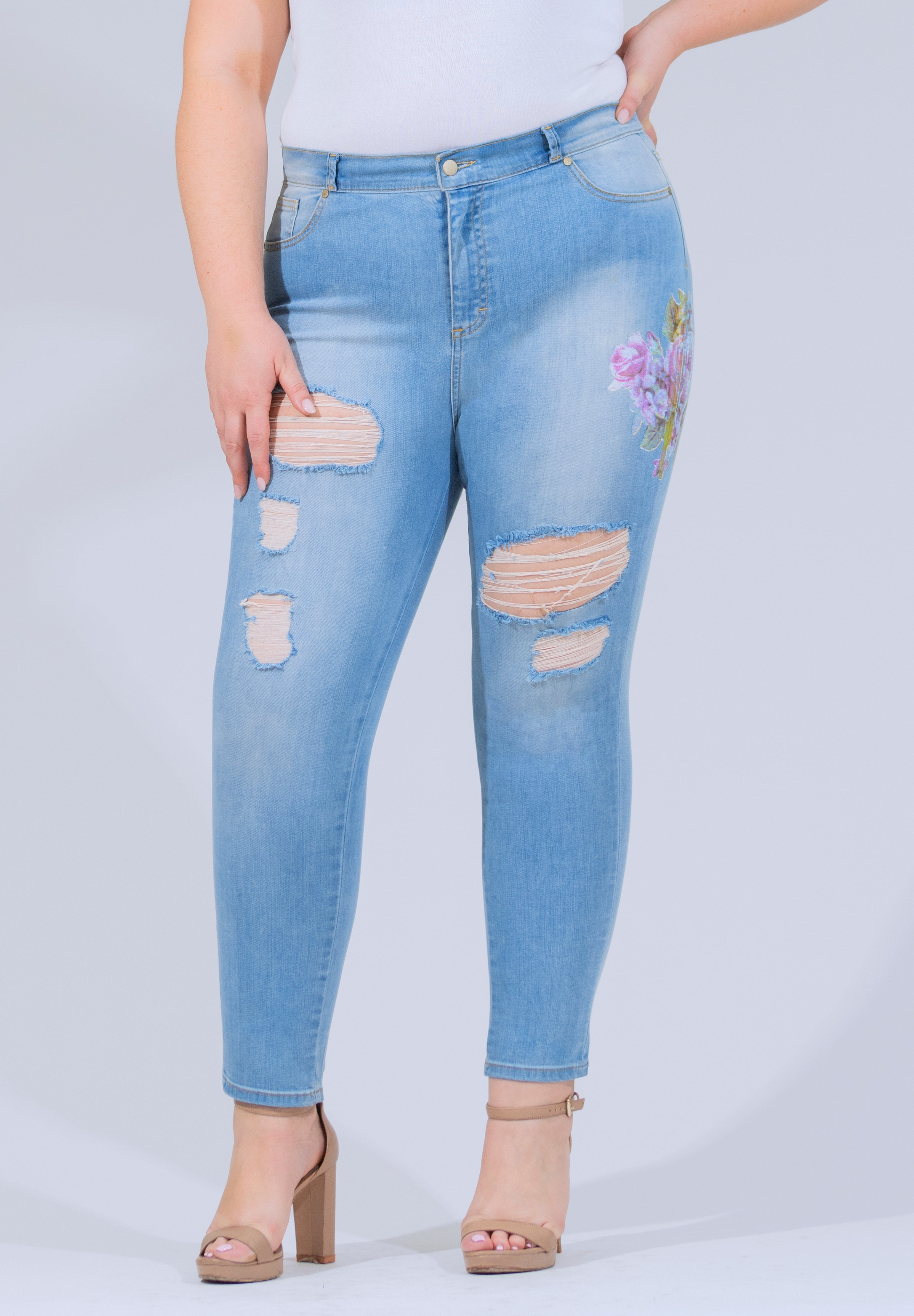 OHPOMP!® Curvy Cintura Alta Skinny Jeans Flores Azul Claro T100