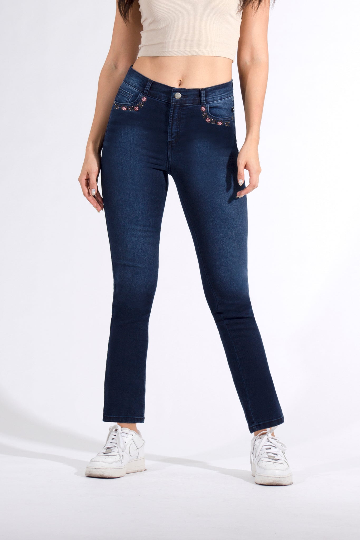 OHPOMP!® Cintura Alta Skinny Jeans Bordado Flores OP1680