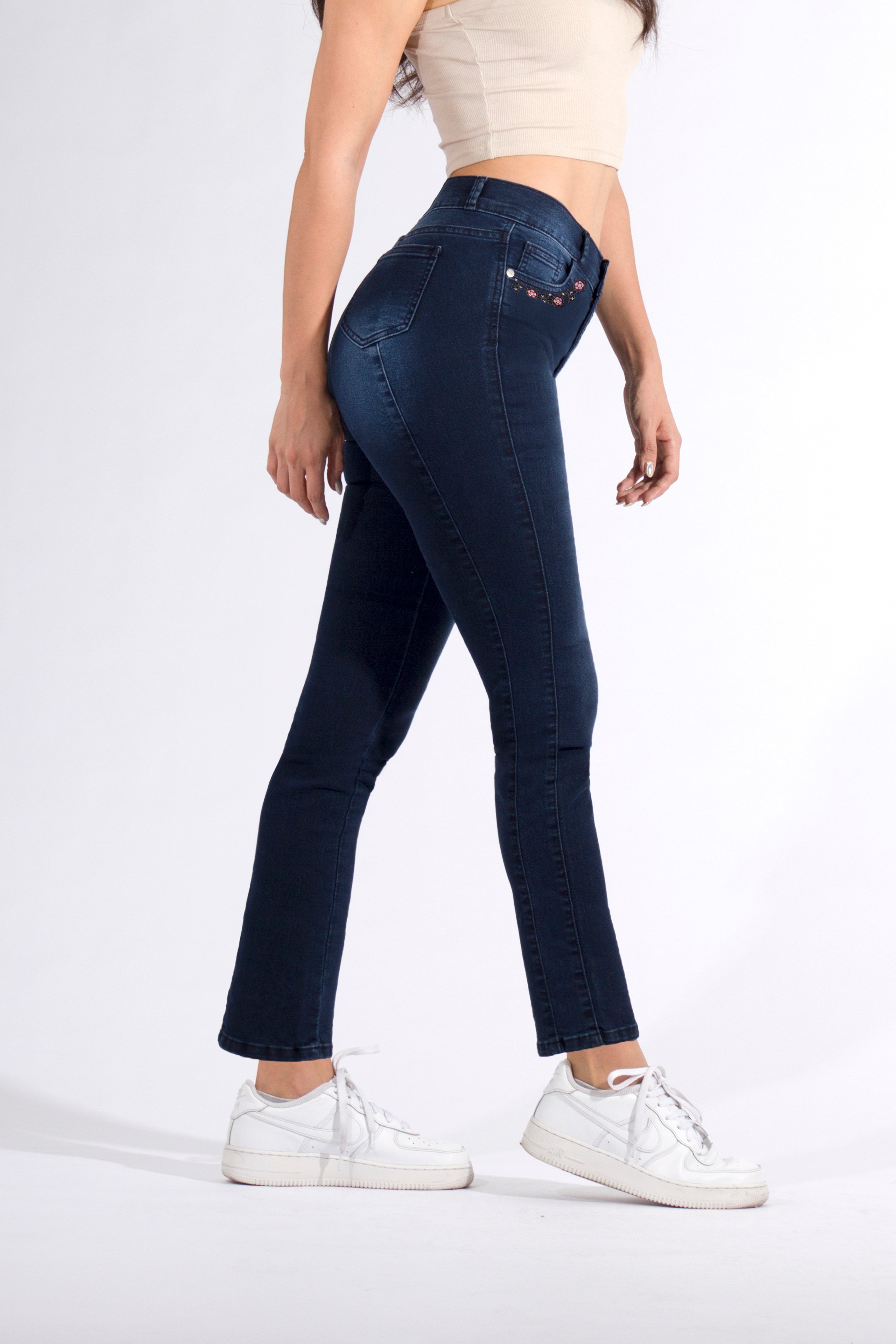 OHPOMP!® Cintura Alta Skinny Jeans Bordado Flores OP1680