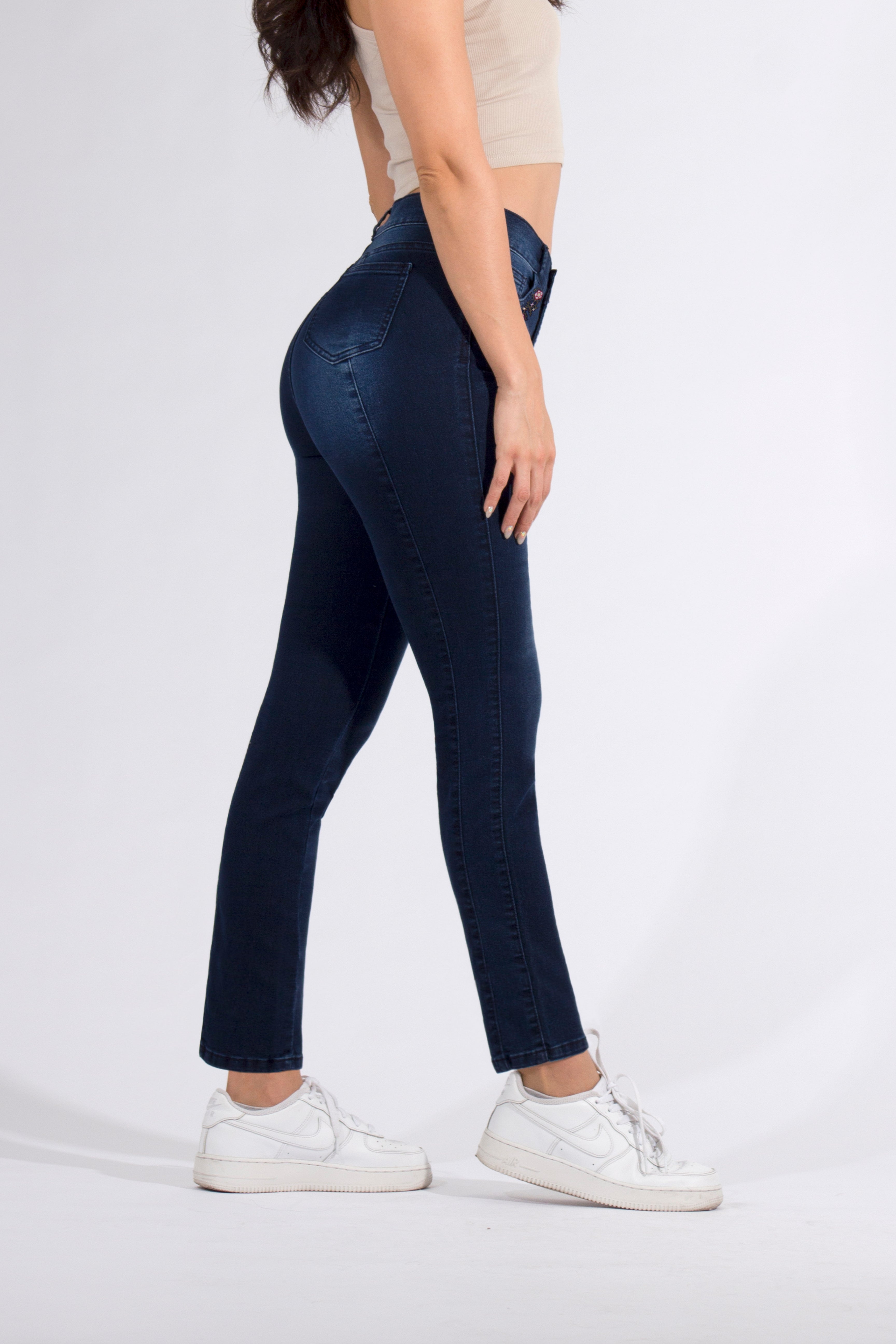 OHPOMP!® Cintura Alta Skinny Jeans Bordado Flores OP1680