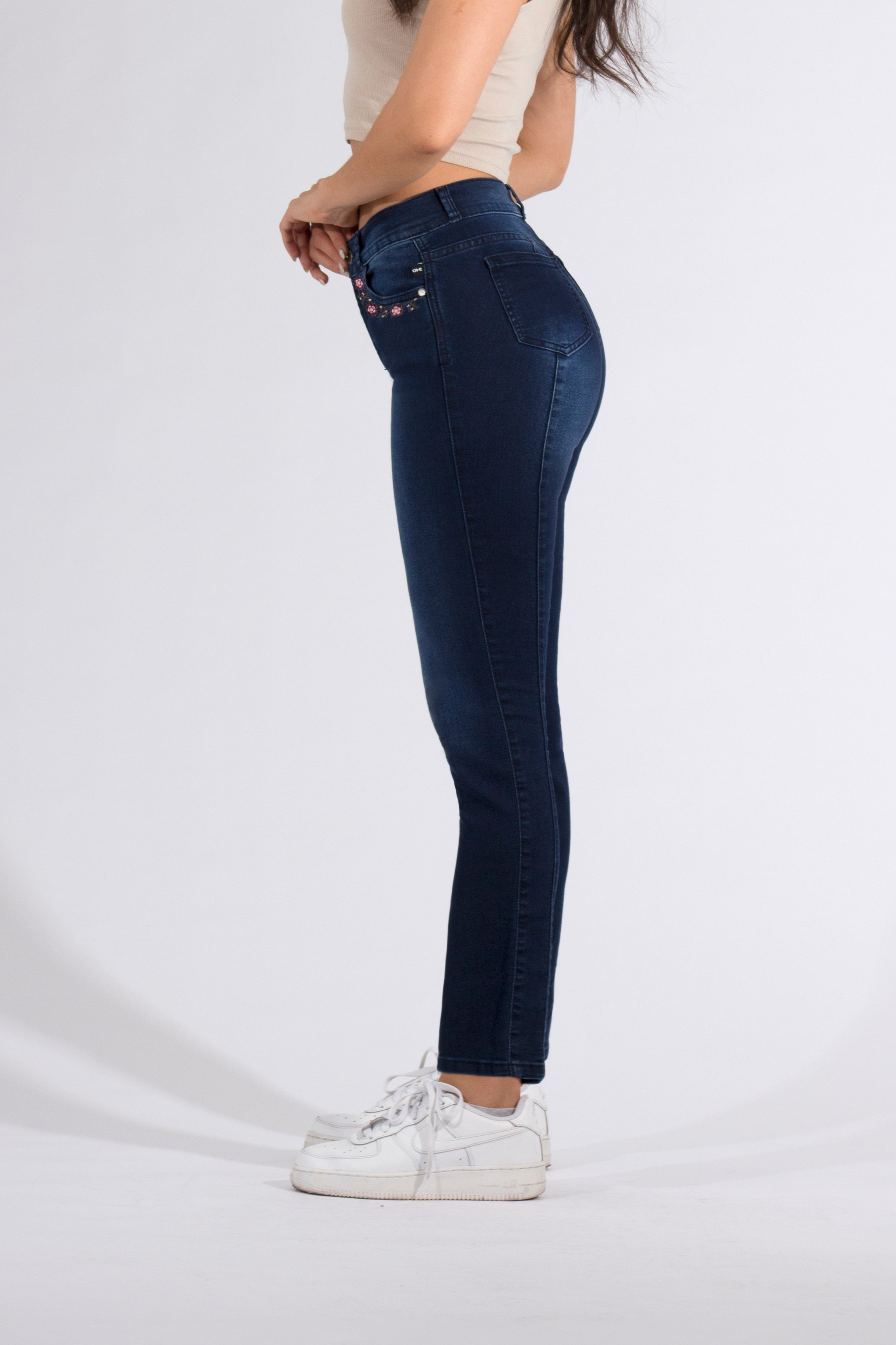 OHPOMP!® Cintura Alta Skinny Jeans Bordado Flores OP1680