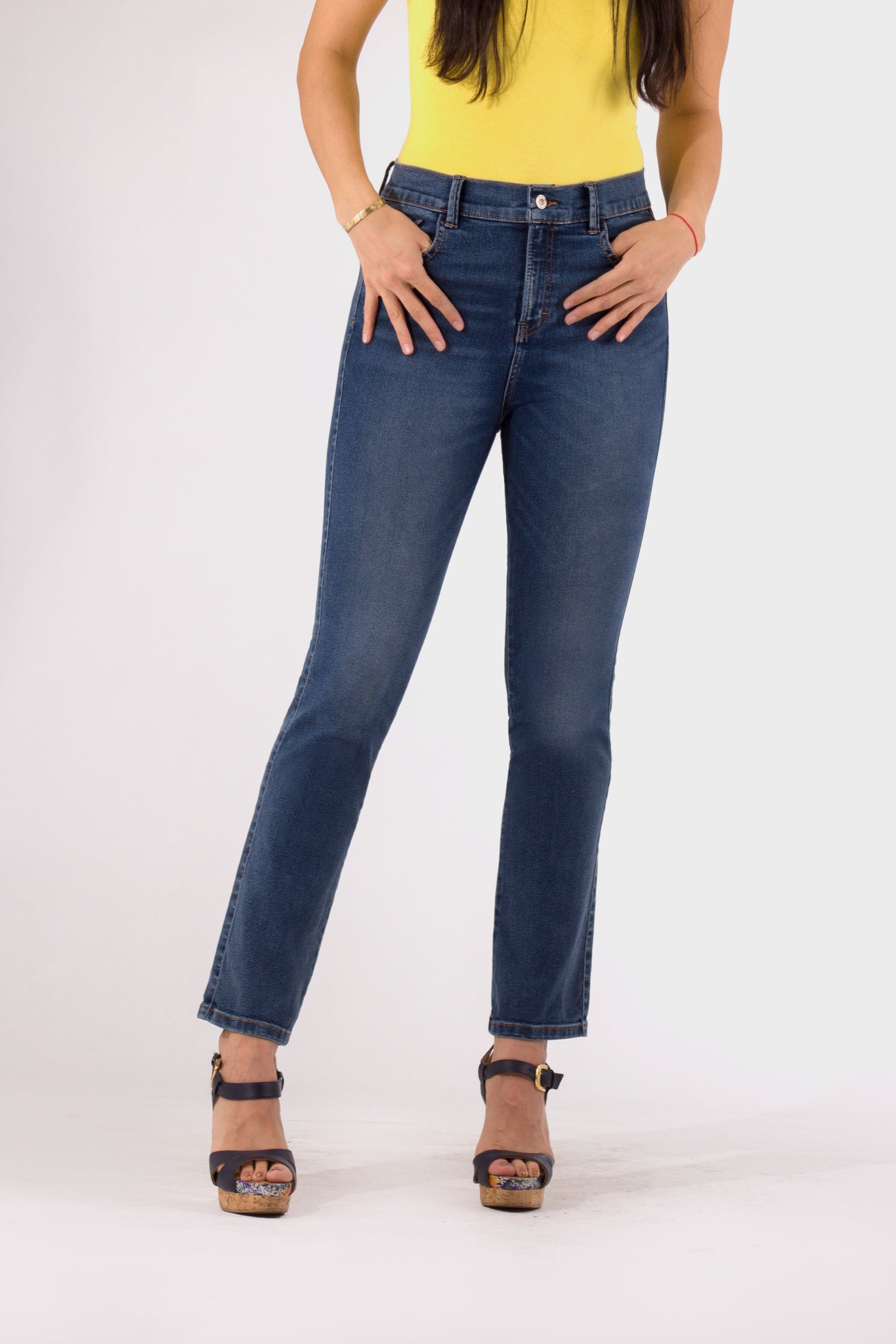 OHPOMP!® Cintura Alta Straight Jeans Azul Oscuro OP1683