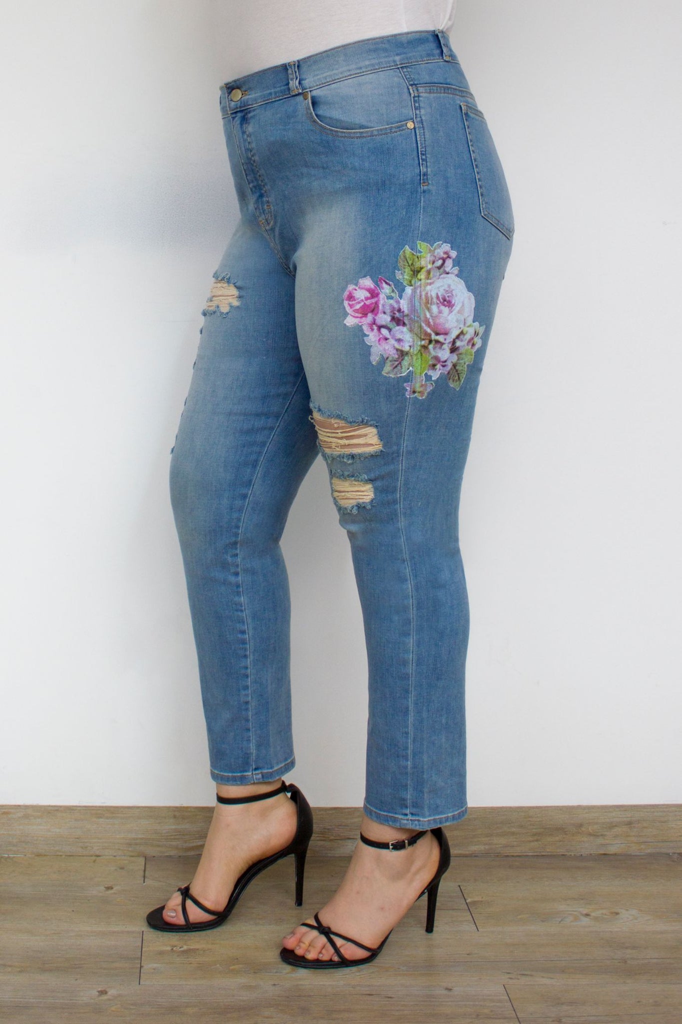 OHPOMP!® Curvy Cintura Alta Skinny Jeans Flores Azul Claro T100