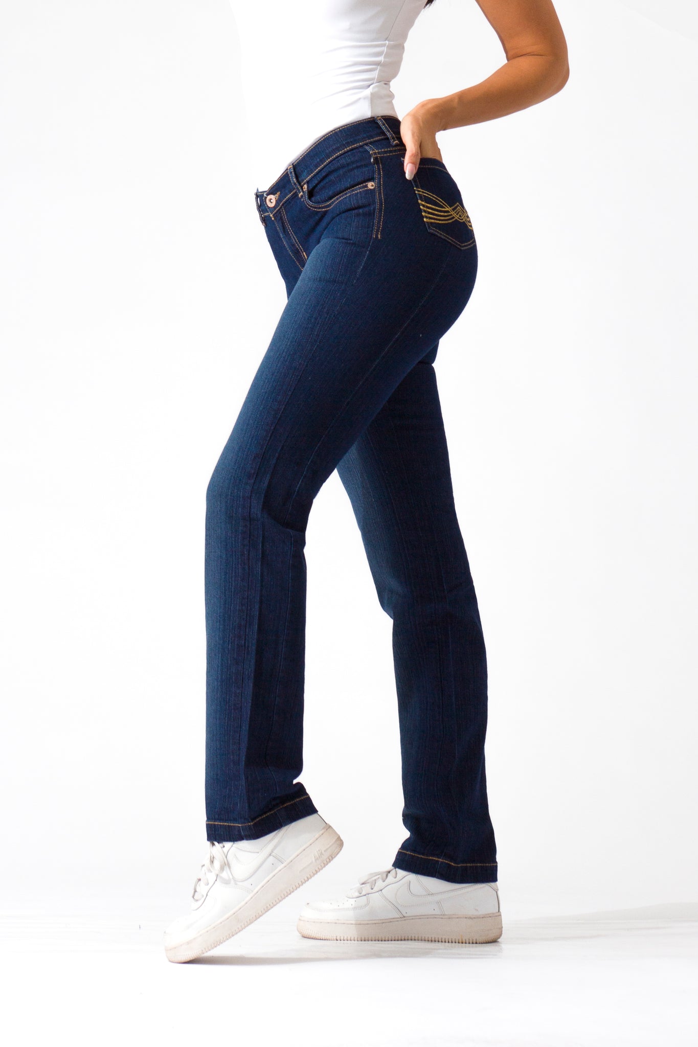 OHPOMP!® Cintura Media Straight Jeans Azul Medio OH004