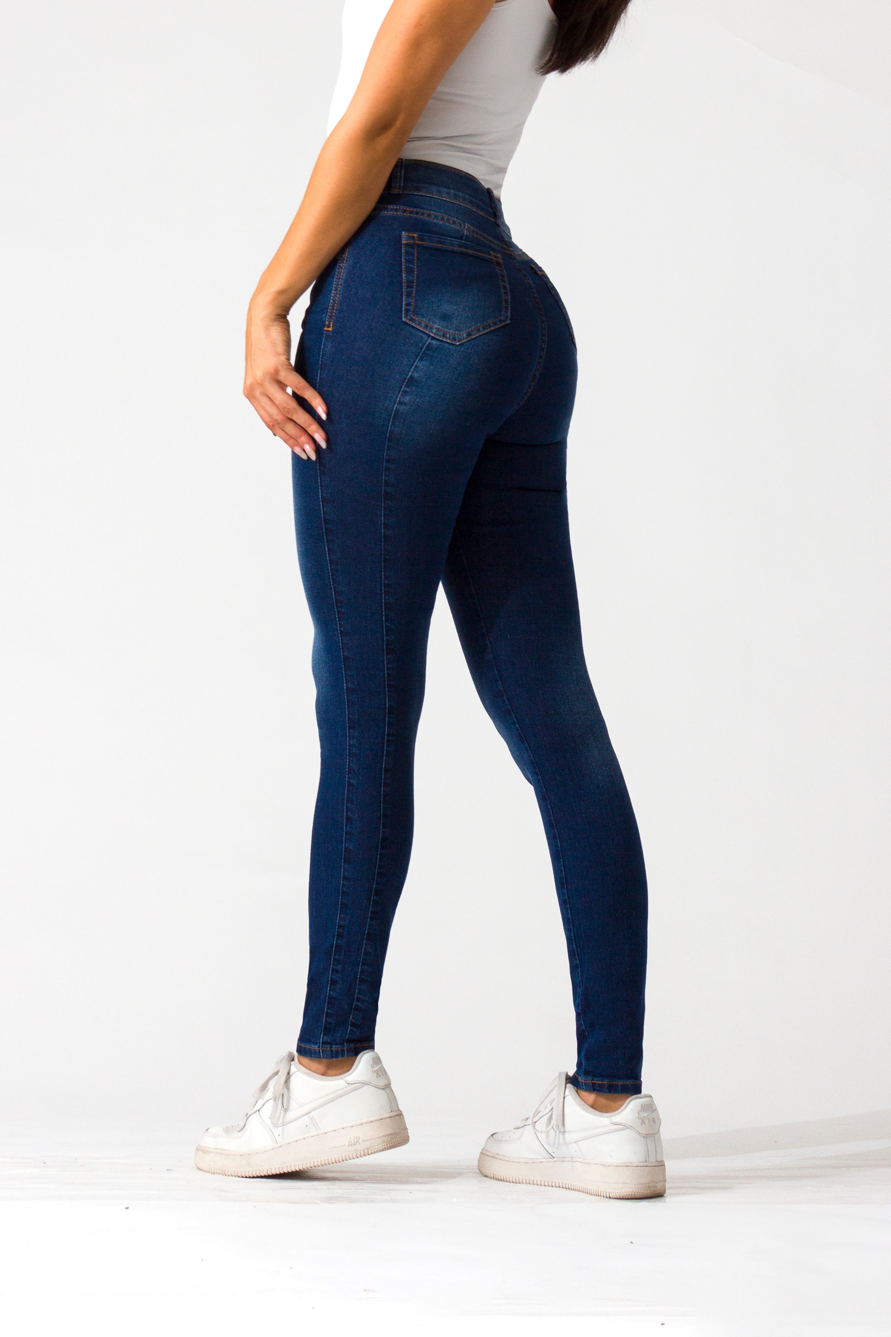 Essentials, Cintura Alta Skinny Jeans Azul Oscuro