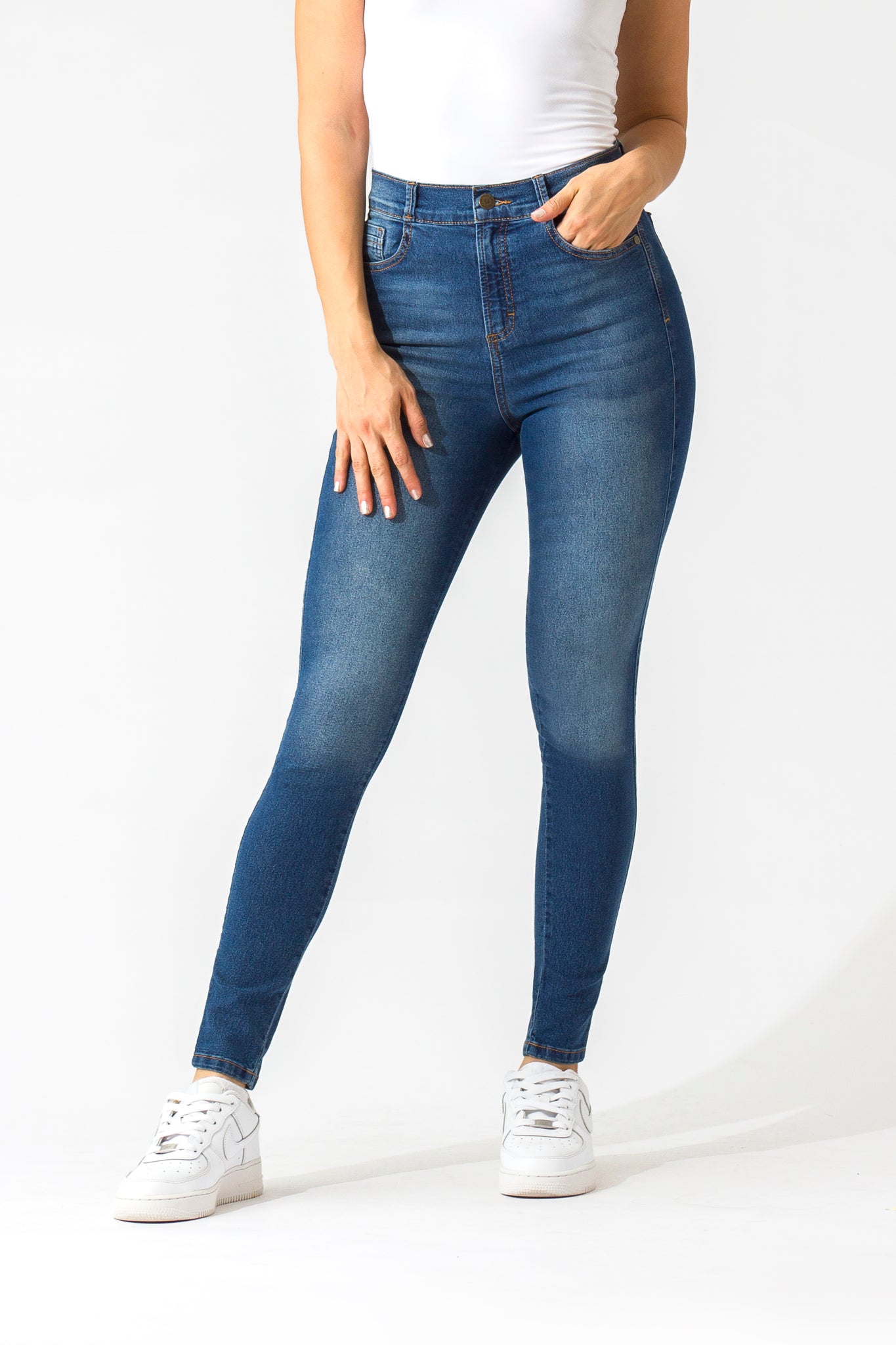 OHPOMP!® Basics, Cintura Alta Skinny Jeans Azul Medio OP1005